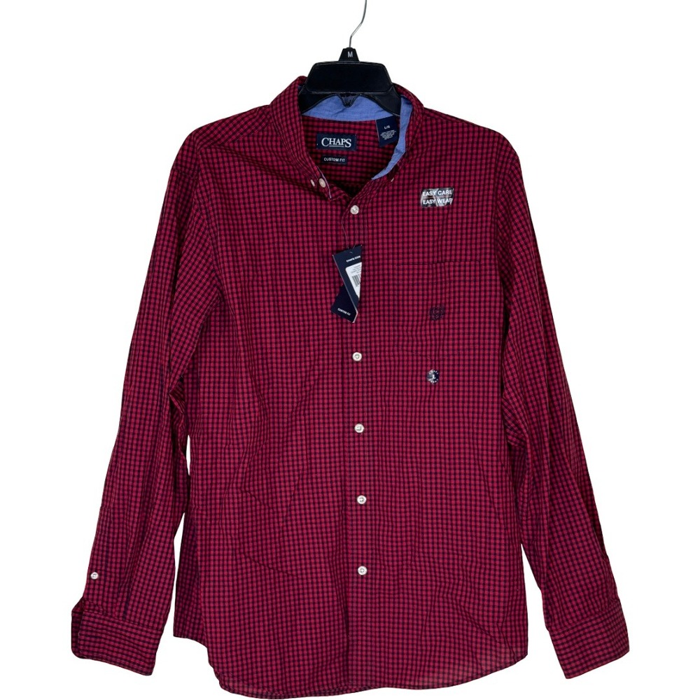 Chaps Button Down Shirt Mens Large Red Black Gingham‎ Check Easy Care Custom Fit